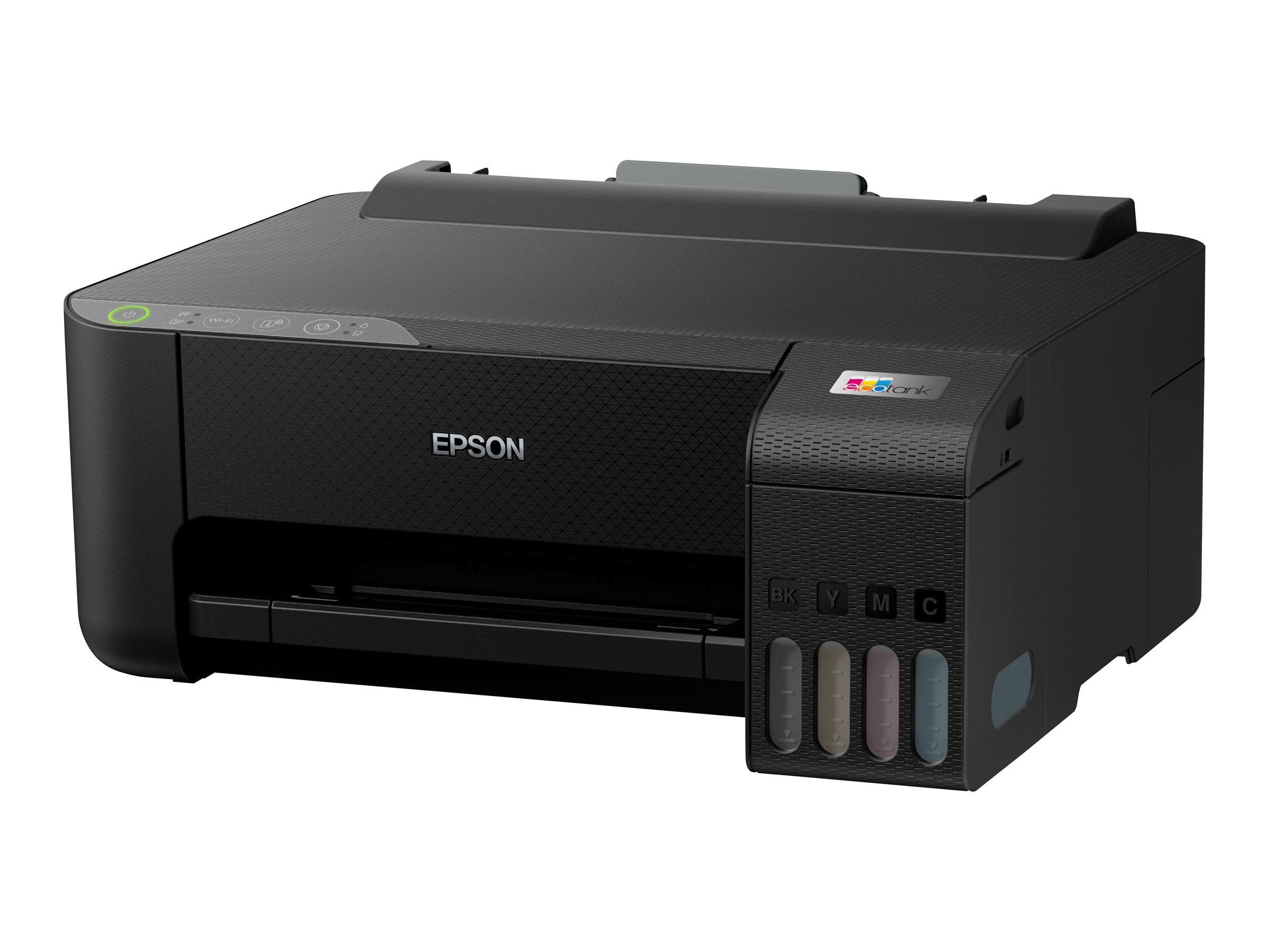 Schwarzer Epson-Drucker mit Tintenbehältern rechts, auf weißem Hintergrund.