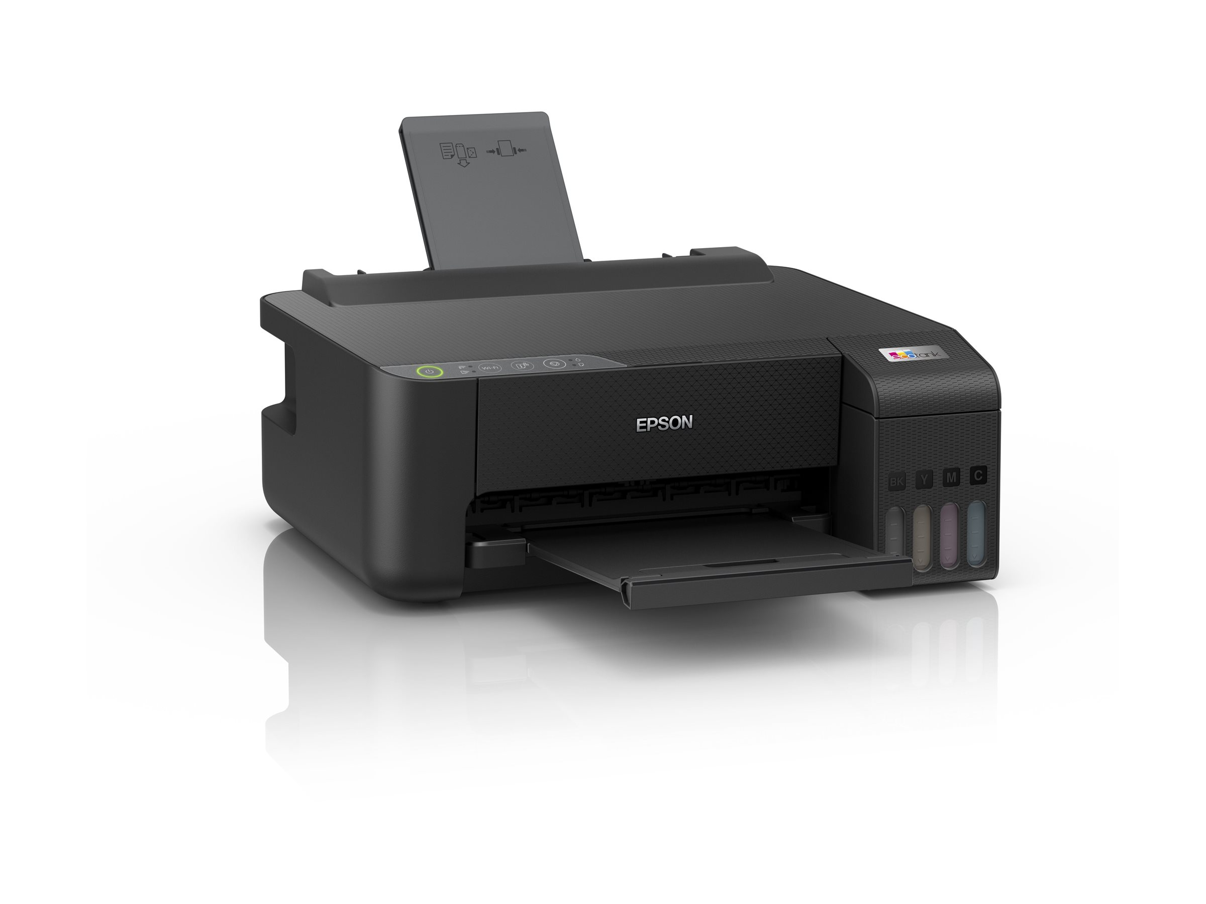 Schwarzer Epson-Drucker mit offenem Papiereinzug und sichtbaren Tintenpatronen.