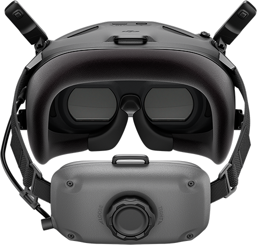 DJI FPV szemüveg, sötétszürke és fekete, látható arckontaktus területtel.