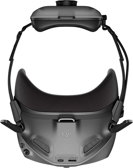 DJI FPV szemüveg: VR headset fekete és szürke dizájnnal, elölnézet.