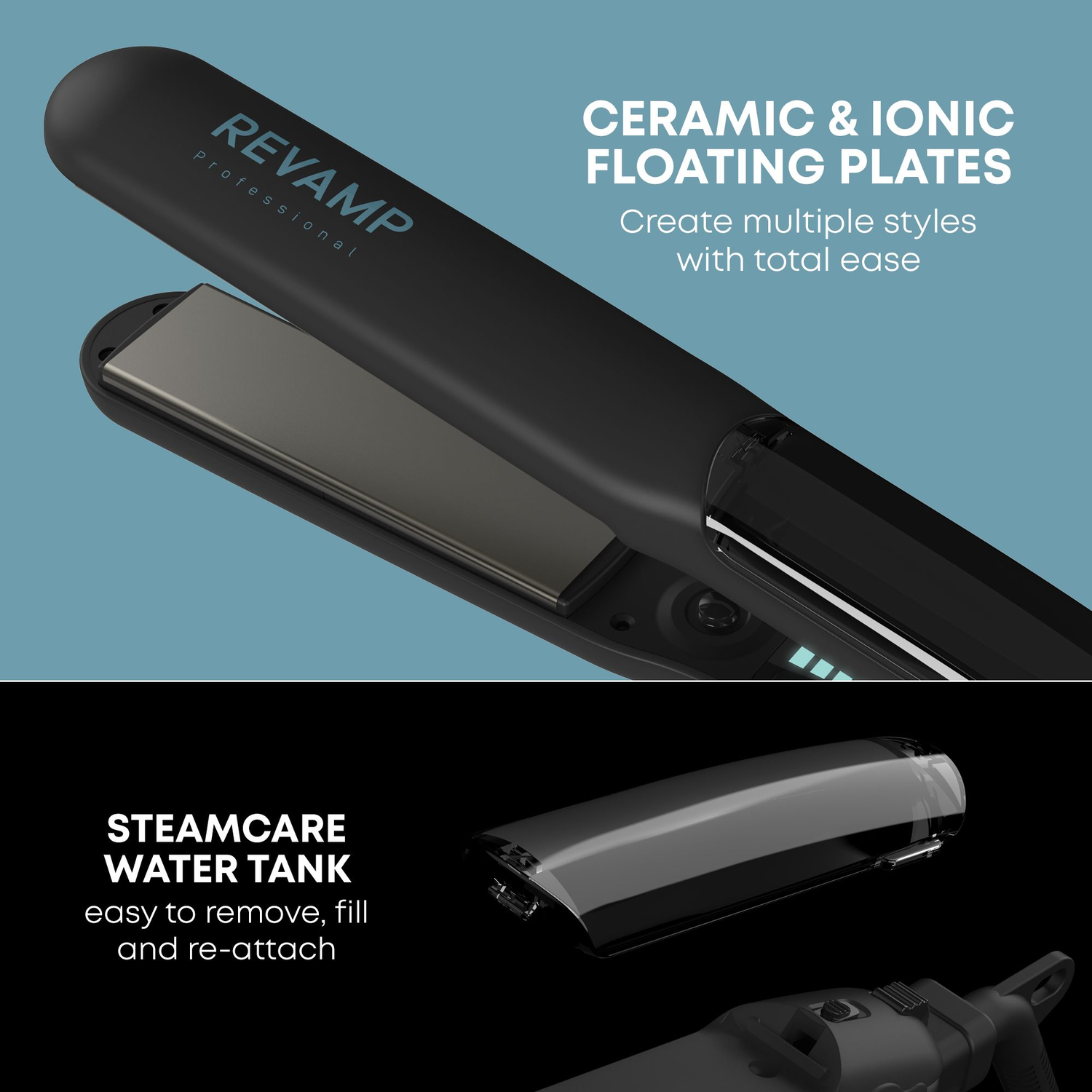 Lisseur de cheveux noir avec plaques en céramique. Texte : Réservoir d'eau Steamcare, facile à retirer, remplir et remettre.