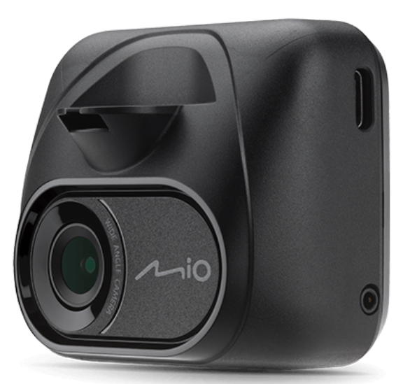 Czarna kamera samochodowa z obiektywem szerokokątnym. Posiada obiektyw i markę mio.