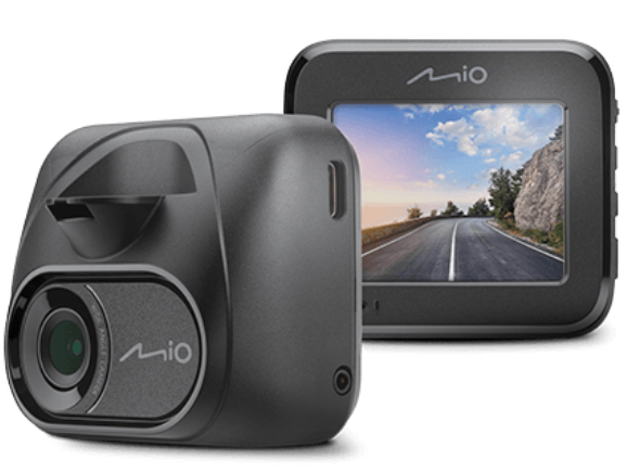 Czarna kamera samochodowa z ekranem, pokazująca drogę. Druga strona ma obiektyw aparatu.