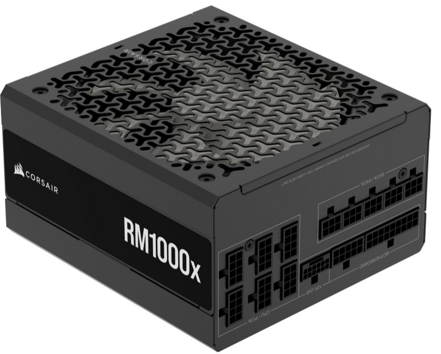 Ein schwarzes Corsair RM1000x Netzteil mit vielen Anschlüssen.