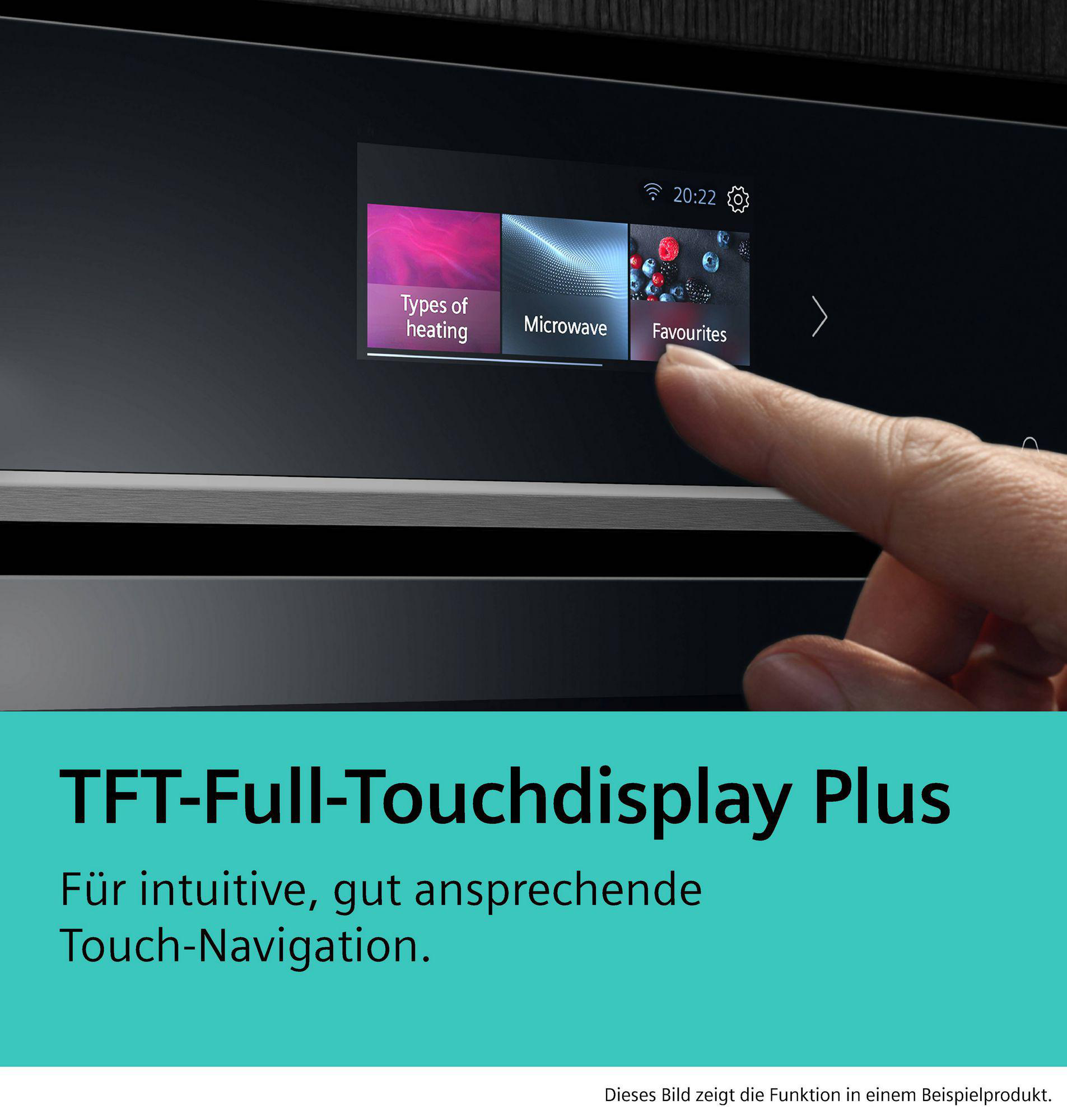 Ein Touchscreen mit drei Optionen und einem Finger, der den Bildschirm berührt.