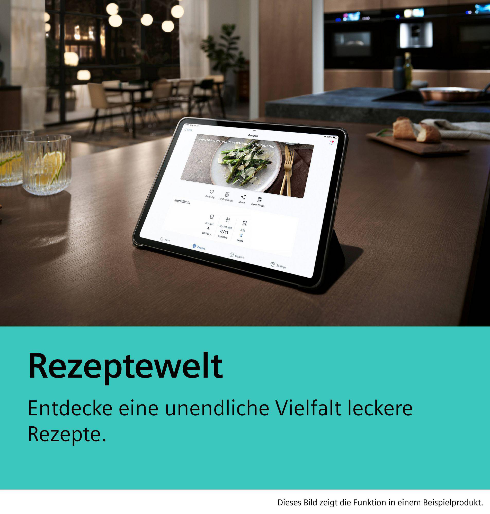 Tablet auf Holztisch, das eine Rezept-App mit Essensbildern anzeigt.