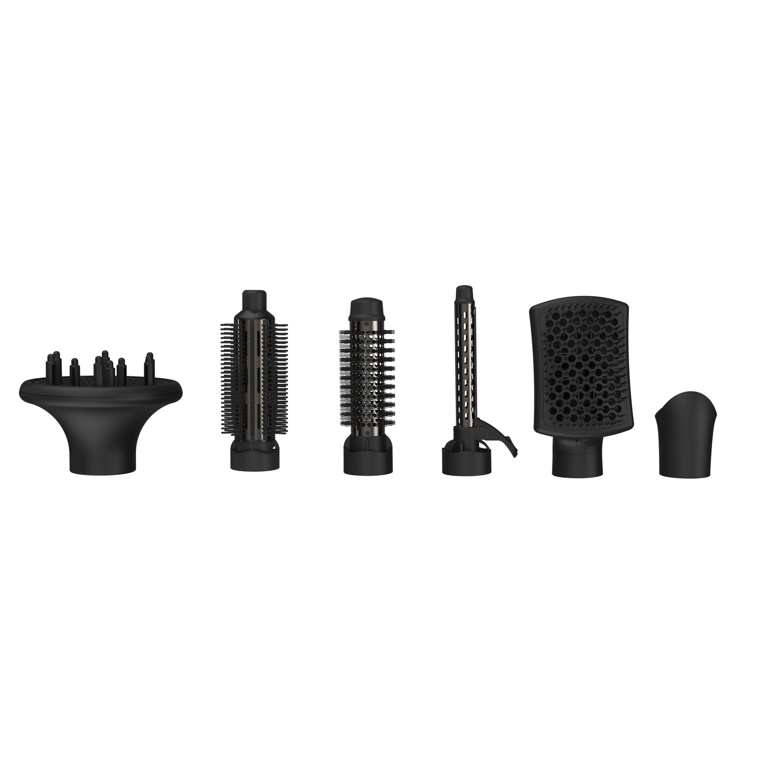 Set zwarte haarstyling opzetstukken. Inclusief diffuser, borstels en een mondstuk.
