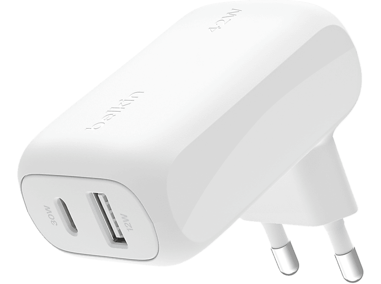 Belkin BoostCharge 42W Double Chargeur Mural USB-C + USB-A Blanc