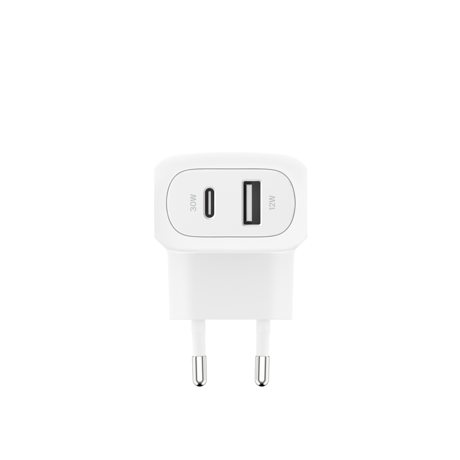 Chargeur blanc avec deux ports. Un port USB-C et un port USB-A.