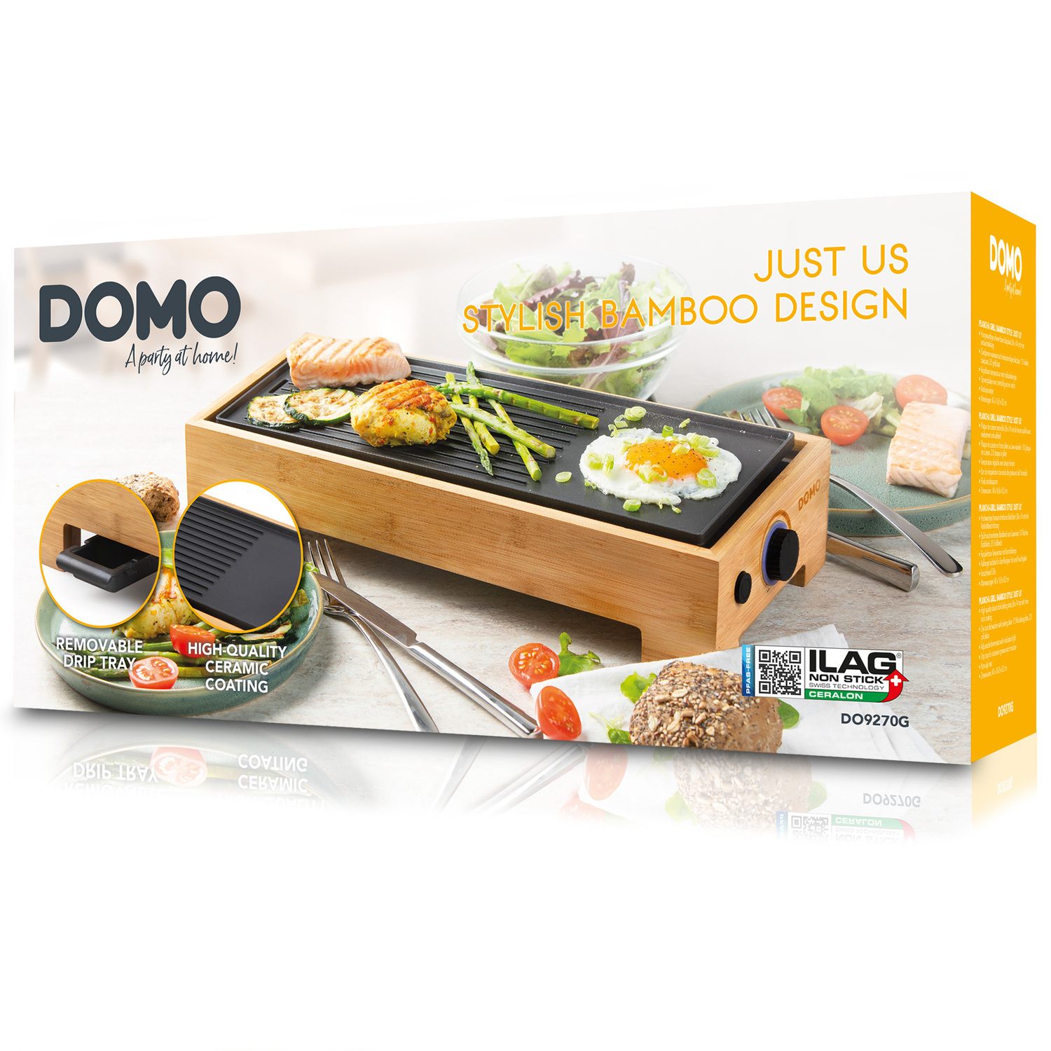 Boîte avec grill à raclette, nourriture et texte : « Just us, Stylish Bamboo Design ».
