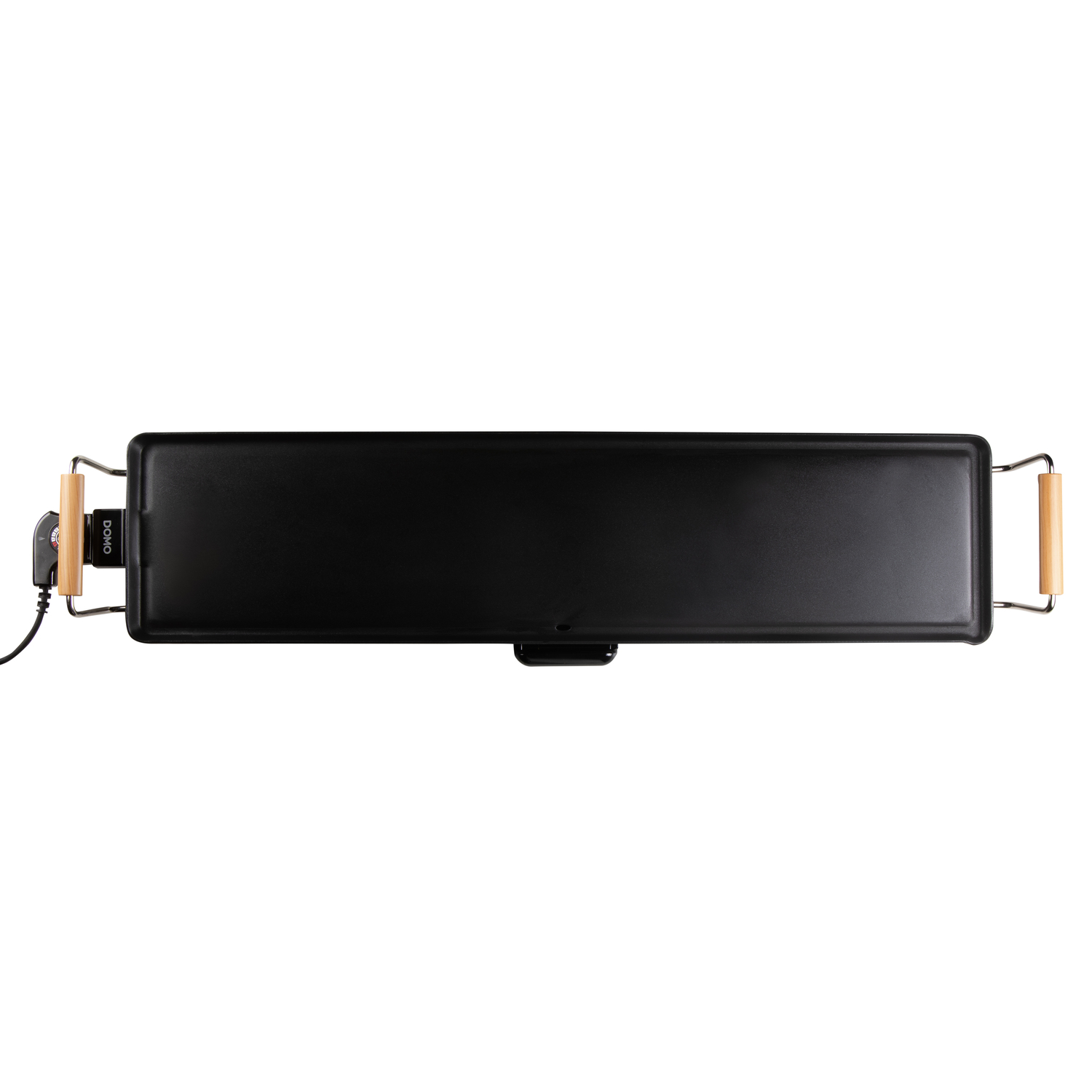 Plancha électrique noire avec poignées en bois, vue de dessus sur fond blanc.
