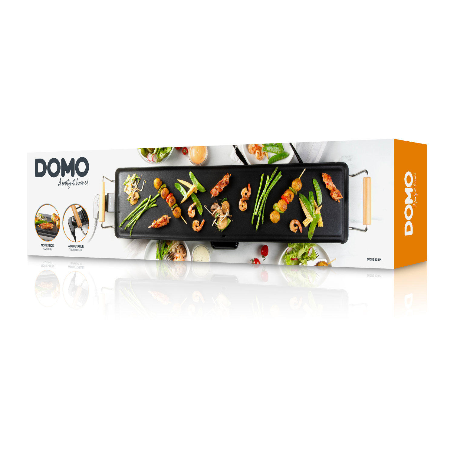 Gril DOMO avec des aliments dessus, avec du texte sur une boîte, sur fond blanc.