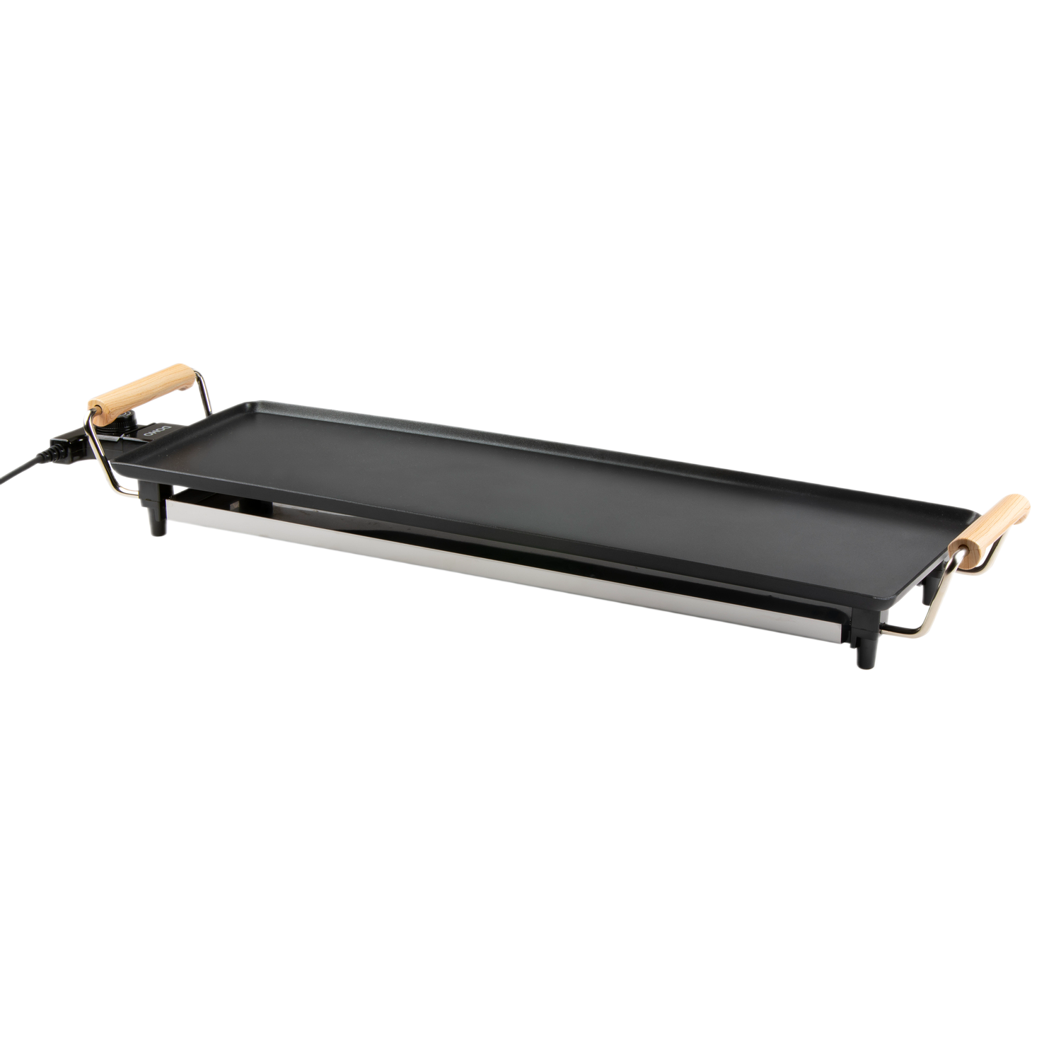 Zwarte elektrische grill met houten handvatten, op zwarte achtergrond.