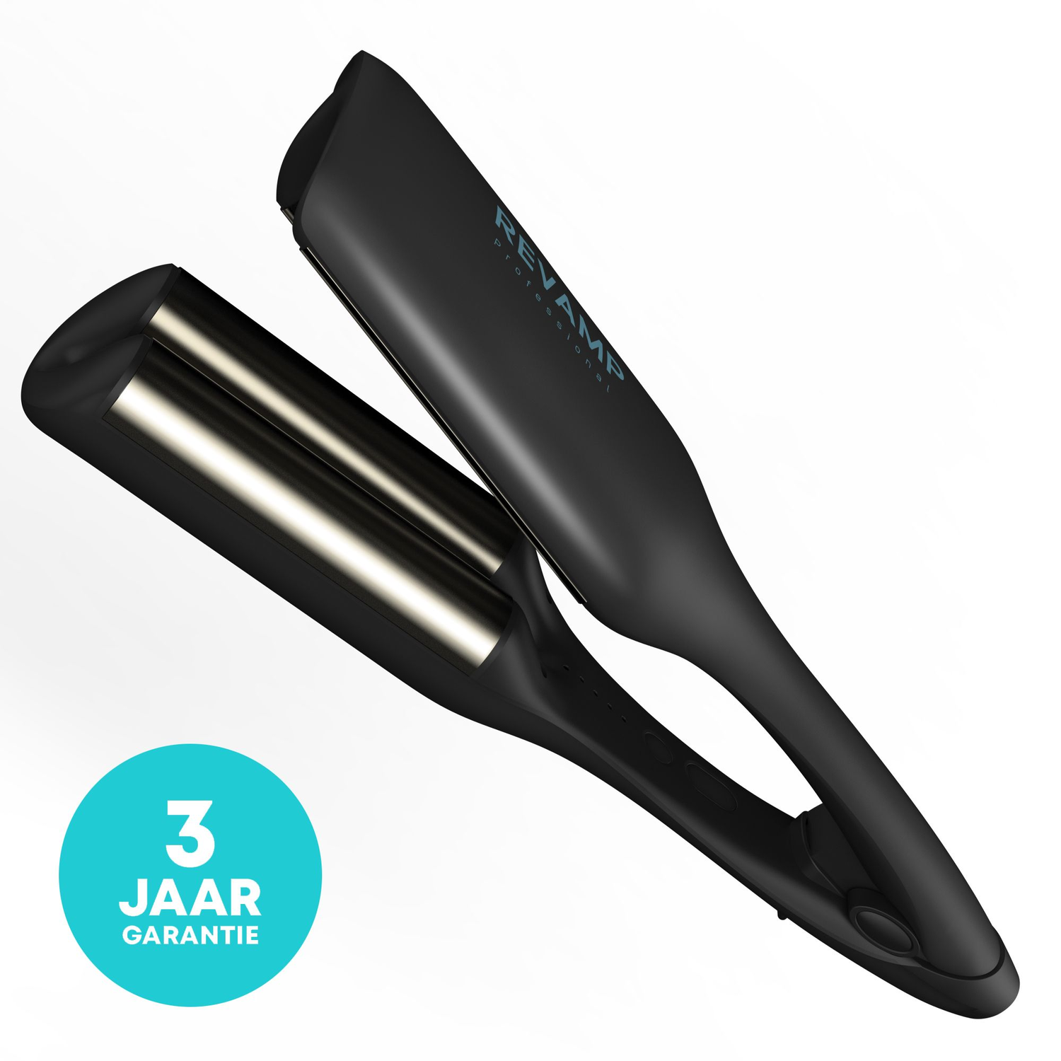 REVAMP professionele haarwaver, zwart, met een blauwe cirkel tekst '3 jaar garantie'.