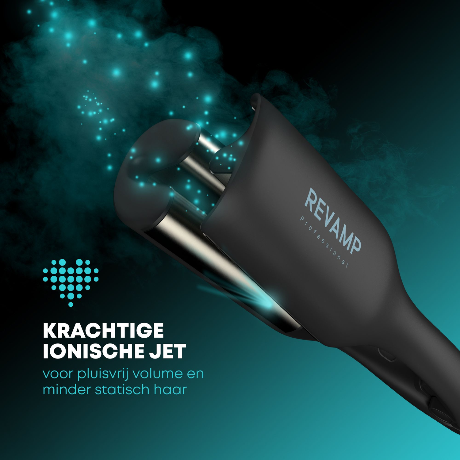 Zwart haarstylingtool met rookeffect en tekst: Krachtige Ionische Jet, Revamp Professional.