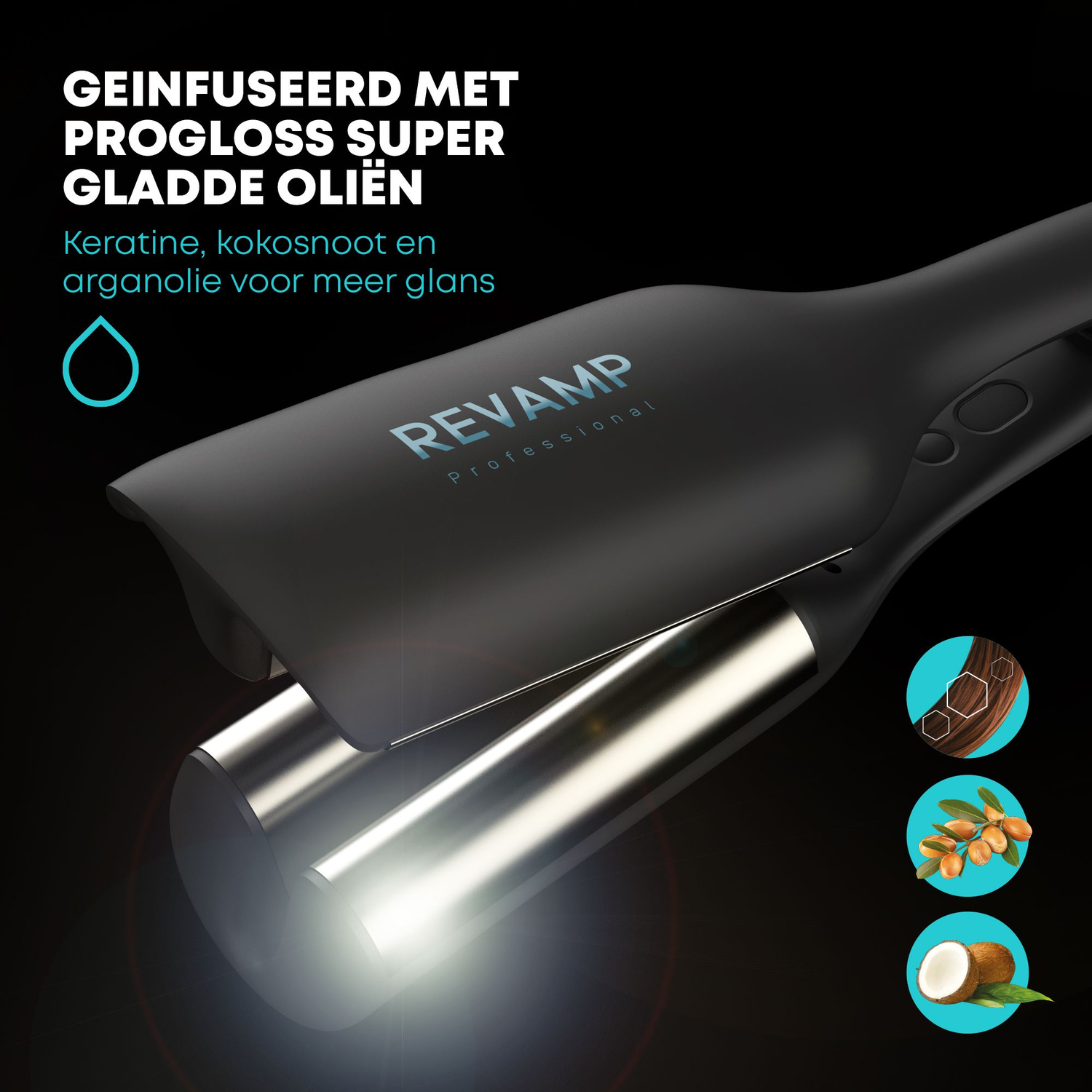 Zwarte stijltang met zilveren platen. Tekst zegt: Keratine, kokosnoot en arganolie.