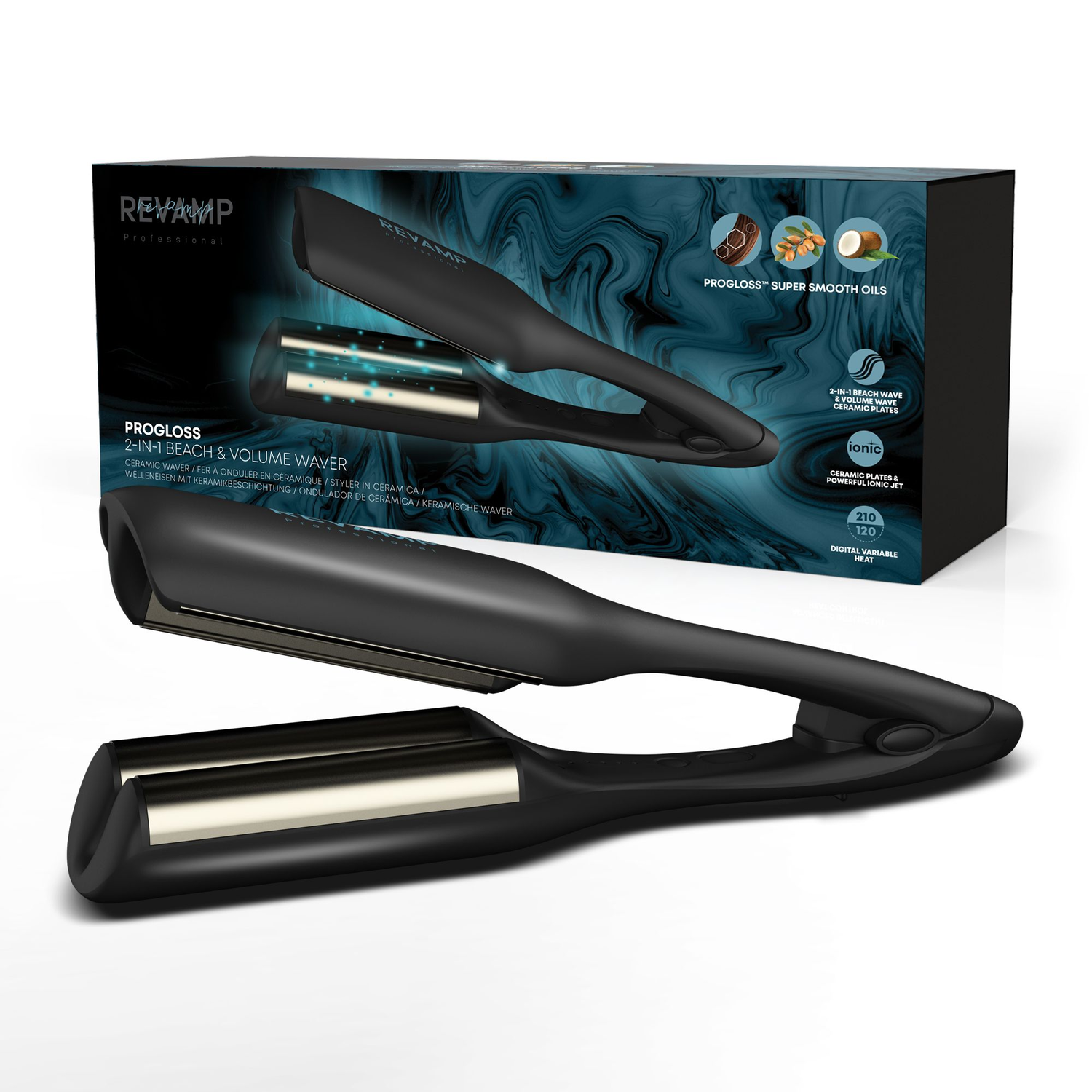 Zwart haarstylingtool en doos met tekst: Progloss 2-in-1 Beach & Volume Waver, Revamp Professional.