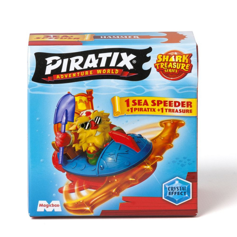 Caja con un pirata de dibujos animados en un barco. La caja dice 'PIRATIX'.