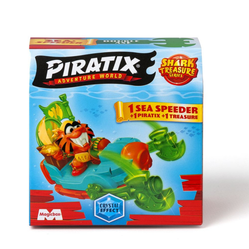 Una caja con una imagen de dibujos animados de un tigre en un barco. La caja dice "Piratix Adventure World".