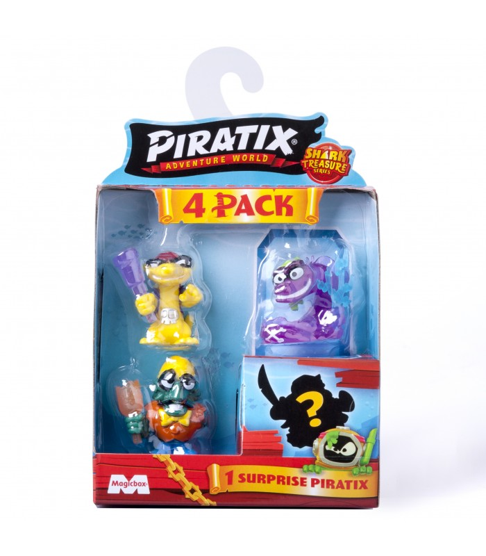 Un pack de 4 juguetes Piratix Adventure World con tres figuras y un juguete sorpresa.