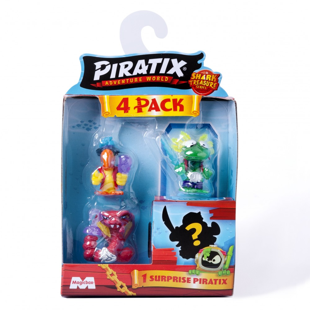 Un paquete de 4 juguetes de Piratix Adventure World en un paquete de plástico transparente.