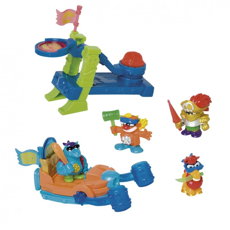 Juego de juguetes con figuras y estructuras coloridas; se ve una catapulta, un barco y tres personajes.
