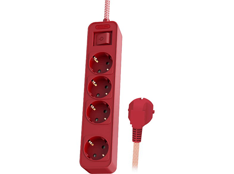 Regleta - Philips CHP2147R/12, 4 tomas Schuko, Cierre de seguridad para niños, Rojo