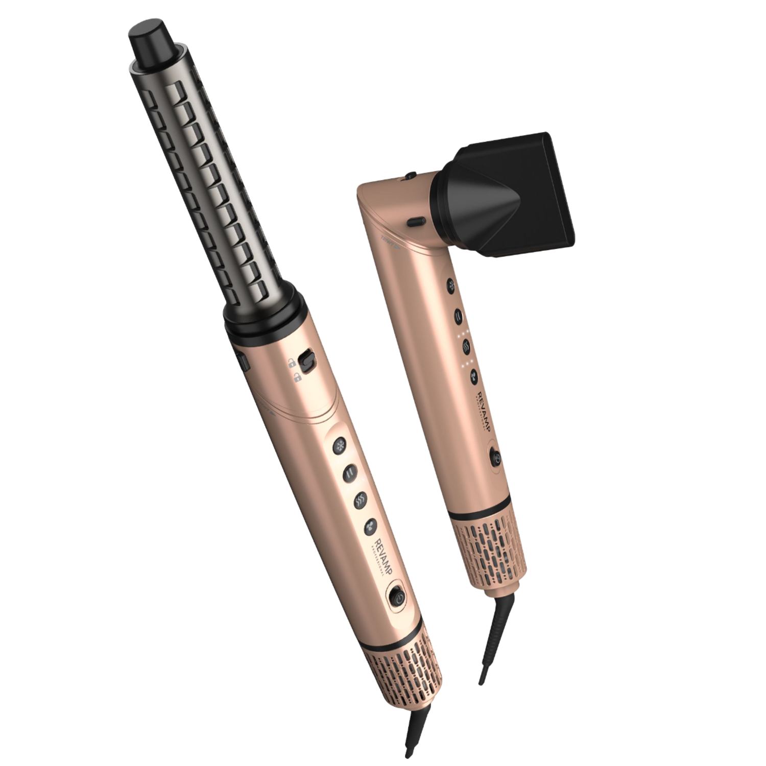 Revamp haarstylerset. Twee roségouden apparaten, één voor krullen en één voor drogen.