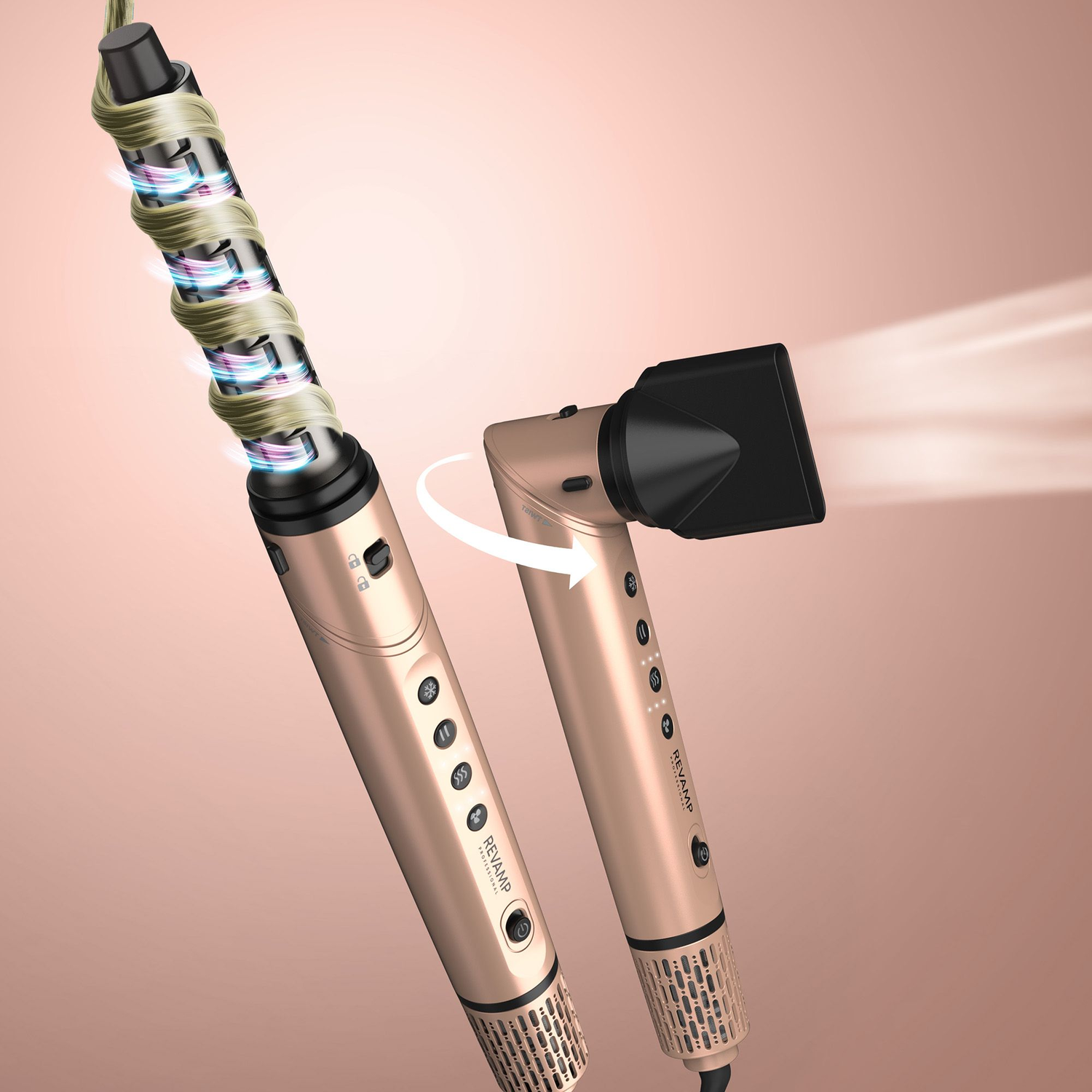 Een gouden haarstyler met een krultang en een föhnopzetstuk. Beide staan op een roze achtergrond.