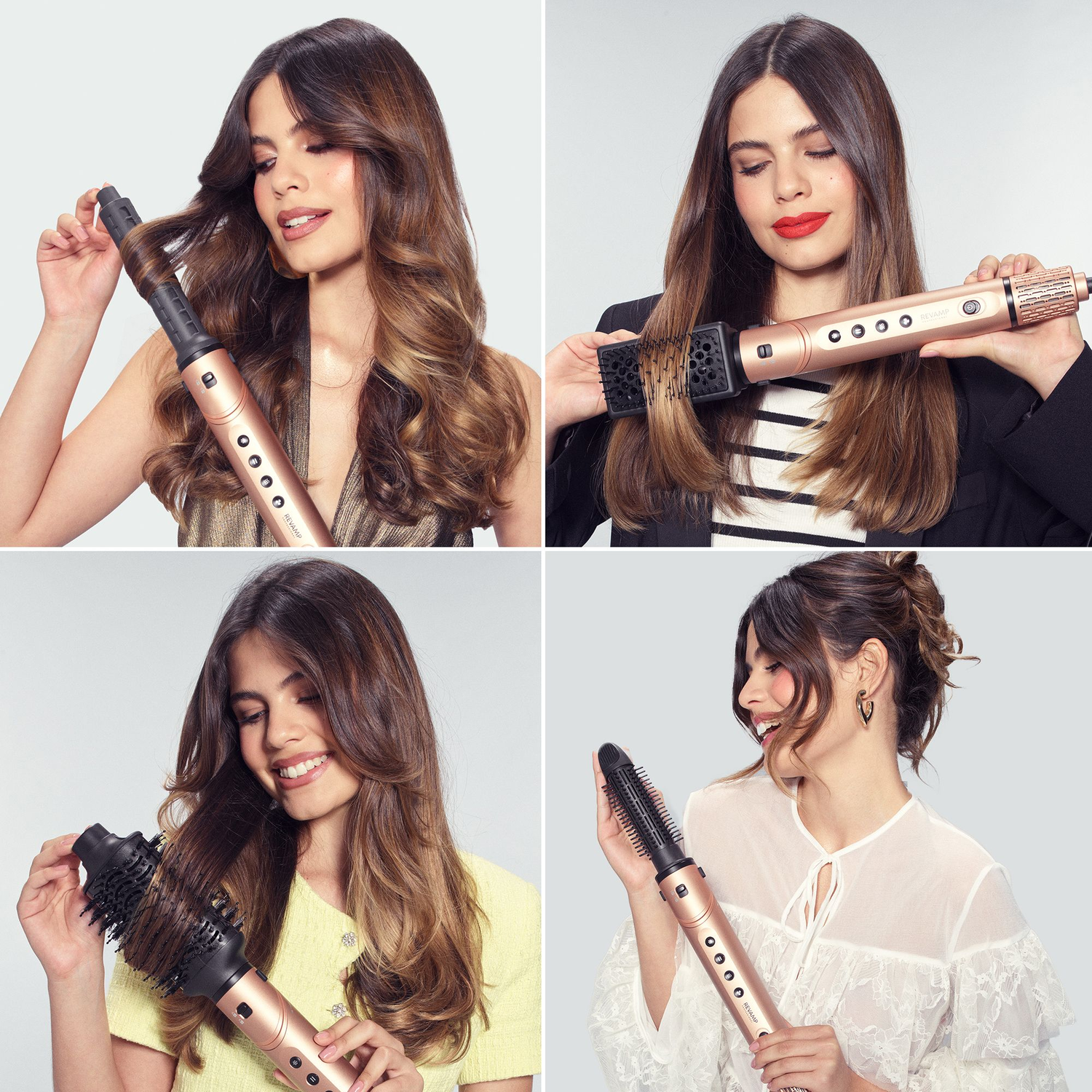 Vier afbeeldingen van een vrouw die haar haar stylet met een gouden haarstyler. Verschillende stijlen worden getoond.