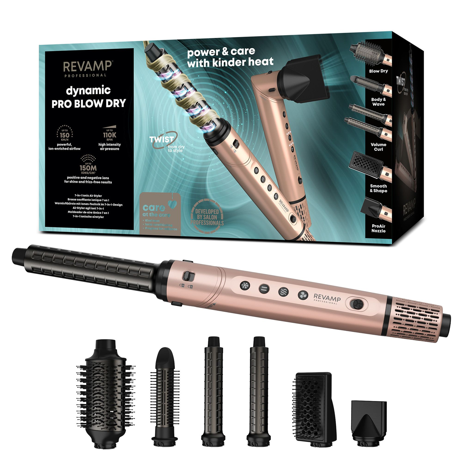 Een Revamp Dynamic Pro Blow Dry haarstyling set met meerdere opzetstukken en een roségouden afwerking.