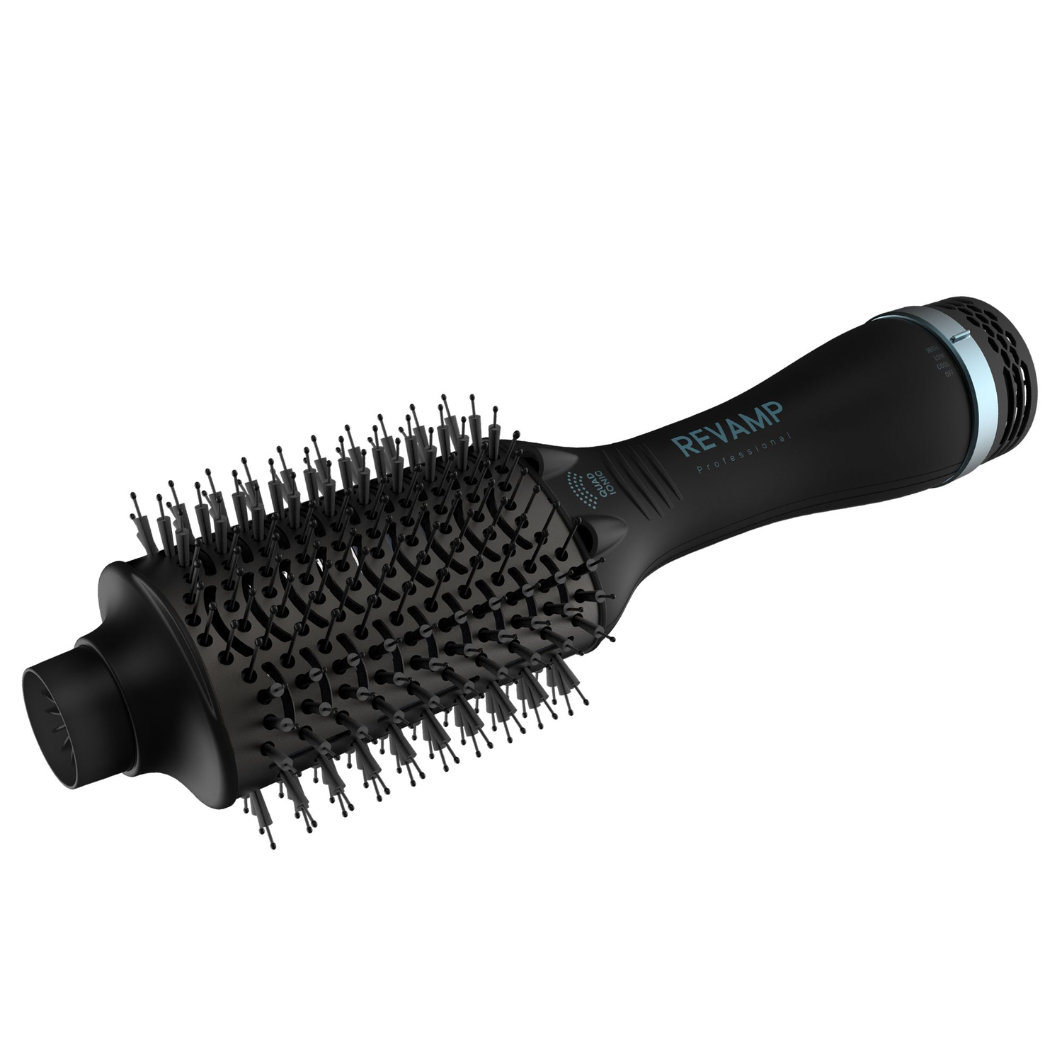 Black Revamp hair dryer brush. Angled view of the brush, with black bristles and handle.