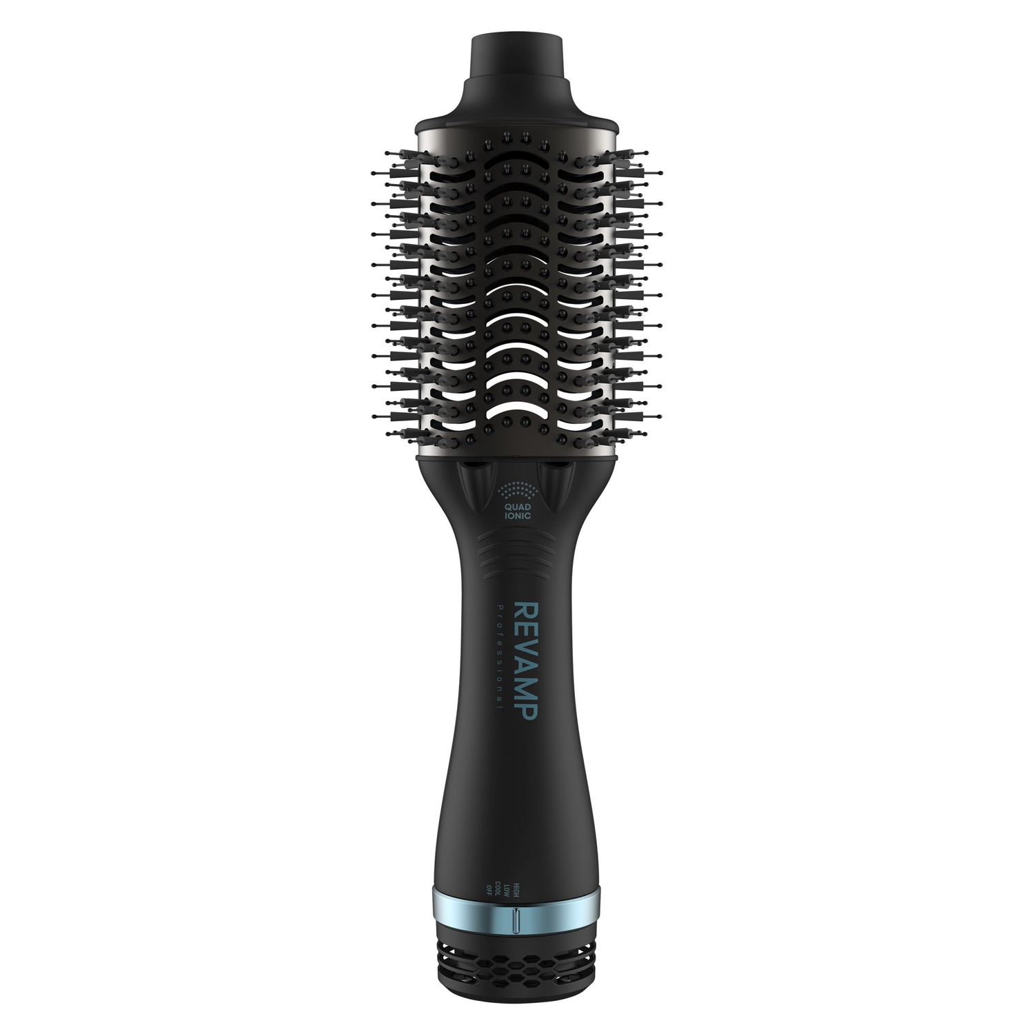 Black Revamp hair brush with Quad Ionic technology, studio shot on a white background.