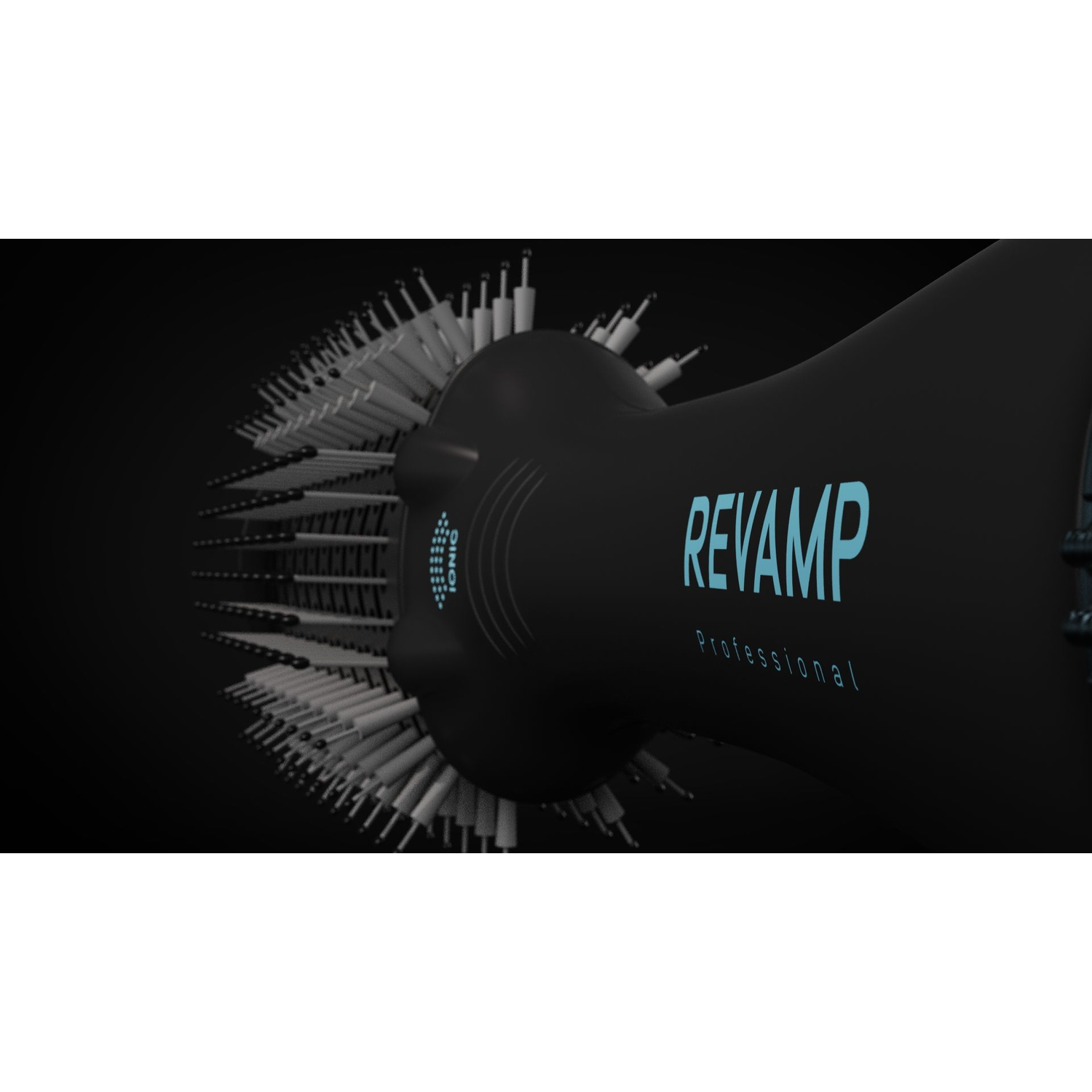 Black hair styling brush with text: Revamp Professional. Close up shot.