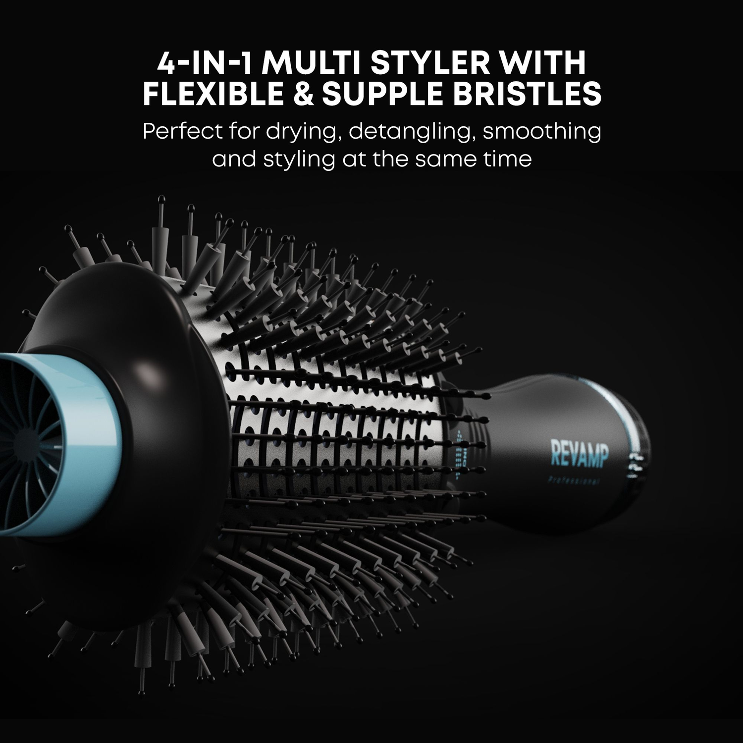 Black and light blue hair styler. Shows the brush head with flexible bristles.