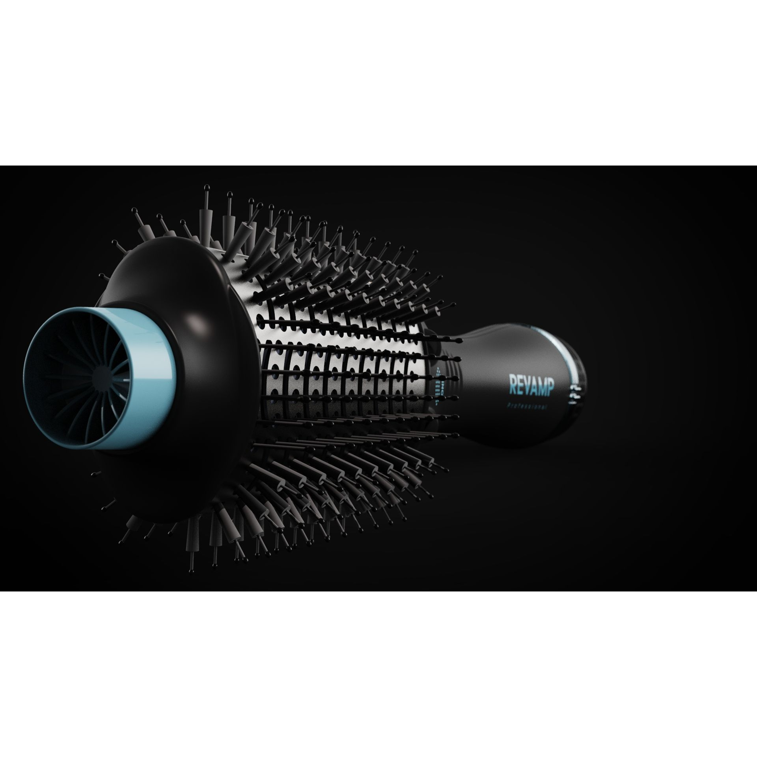 A black and blue Revamp hair dryer brush on a black background, side view.