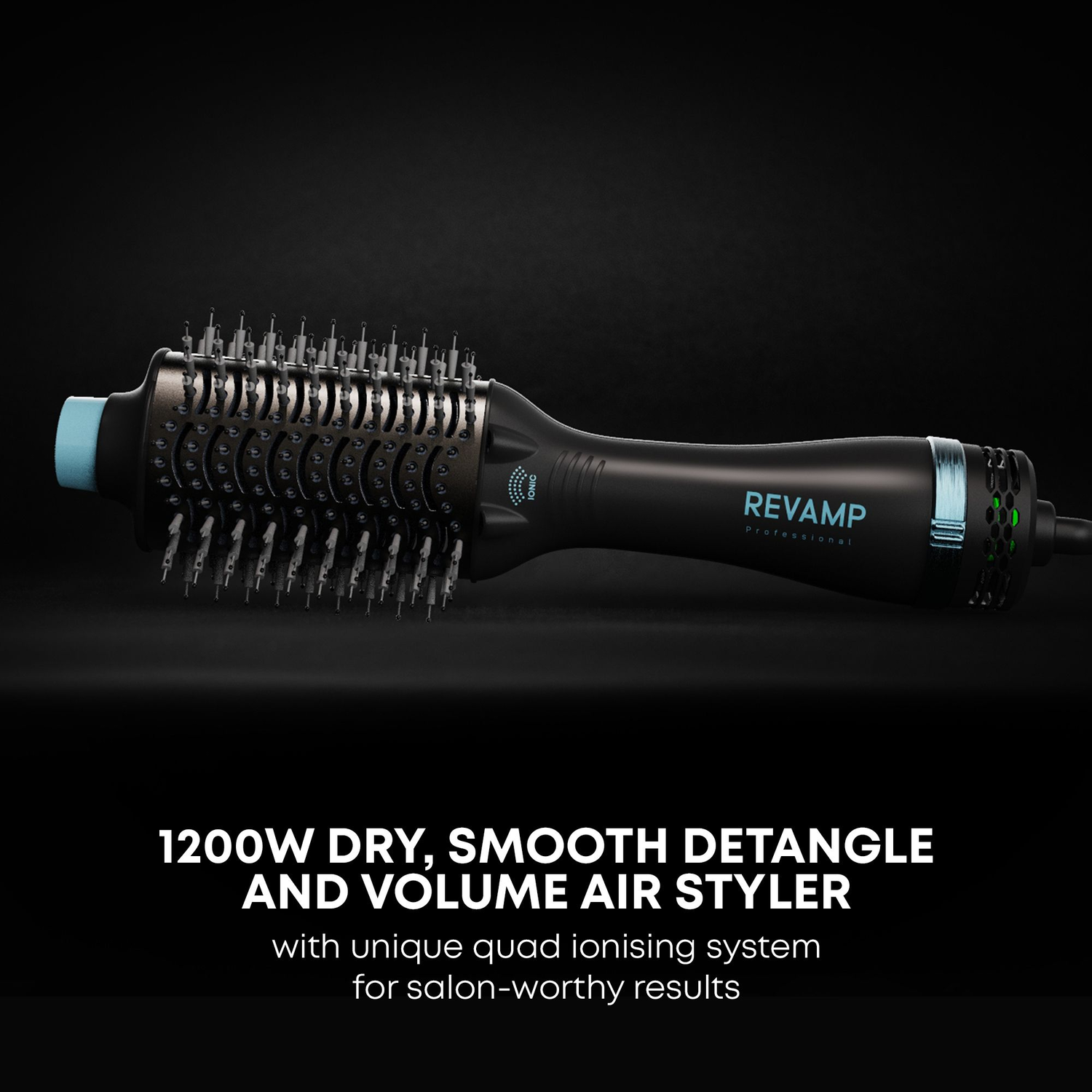 Black hair styler with blue accents. Text: '1200W DRY, SMOOTH DETANGLE...AIR STYLER'.