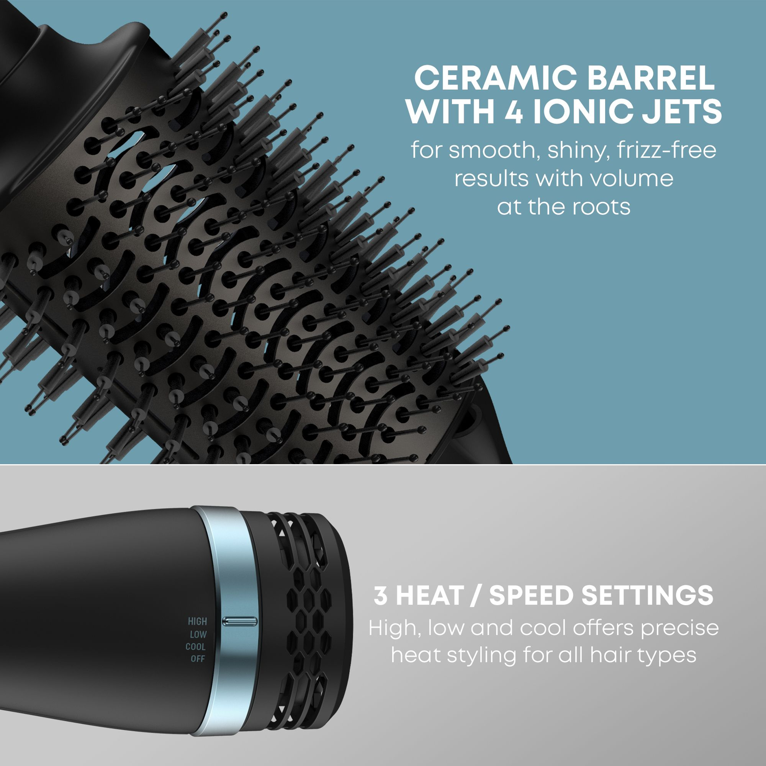 Hair dryer close up, black and blue. Text at the top states: Ceramic barrel with 4 ionic jets.