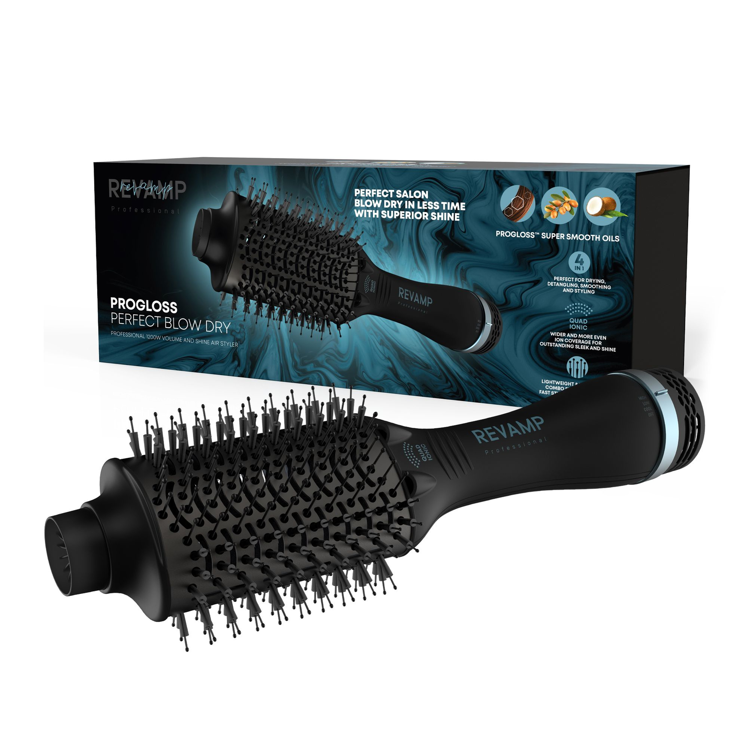 Black and silver hair styling brush, with text on the box. The brush has a round, vented head.