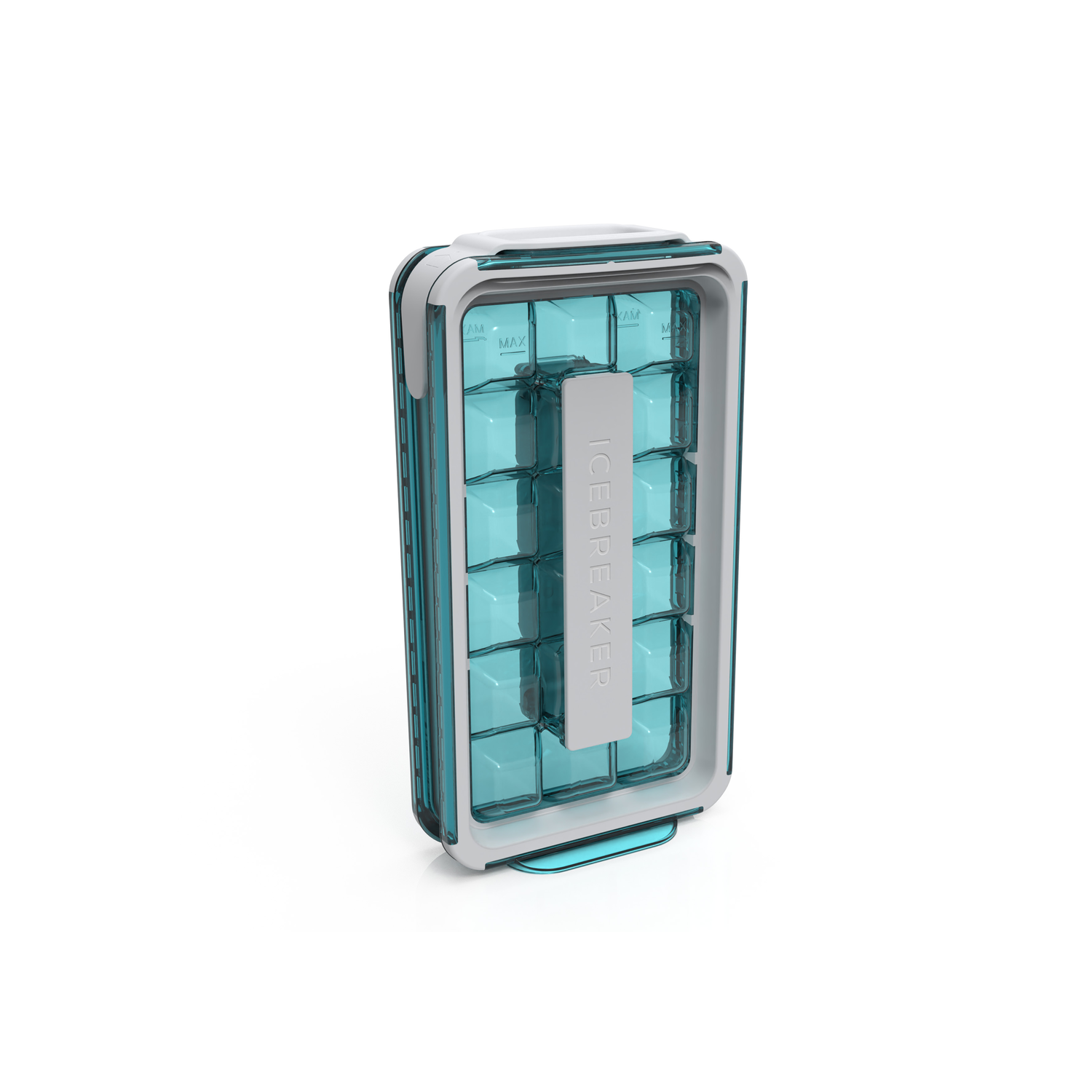 A closed ice cube tray. It is blue and white, with a clear ice cube view.