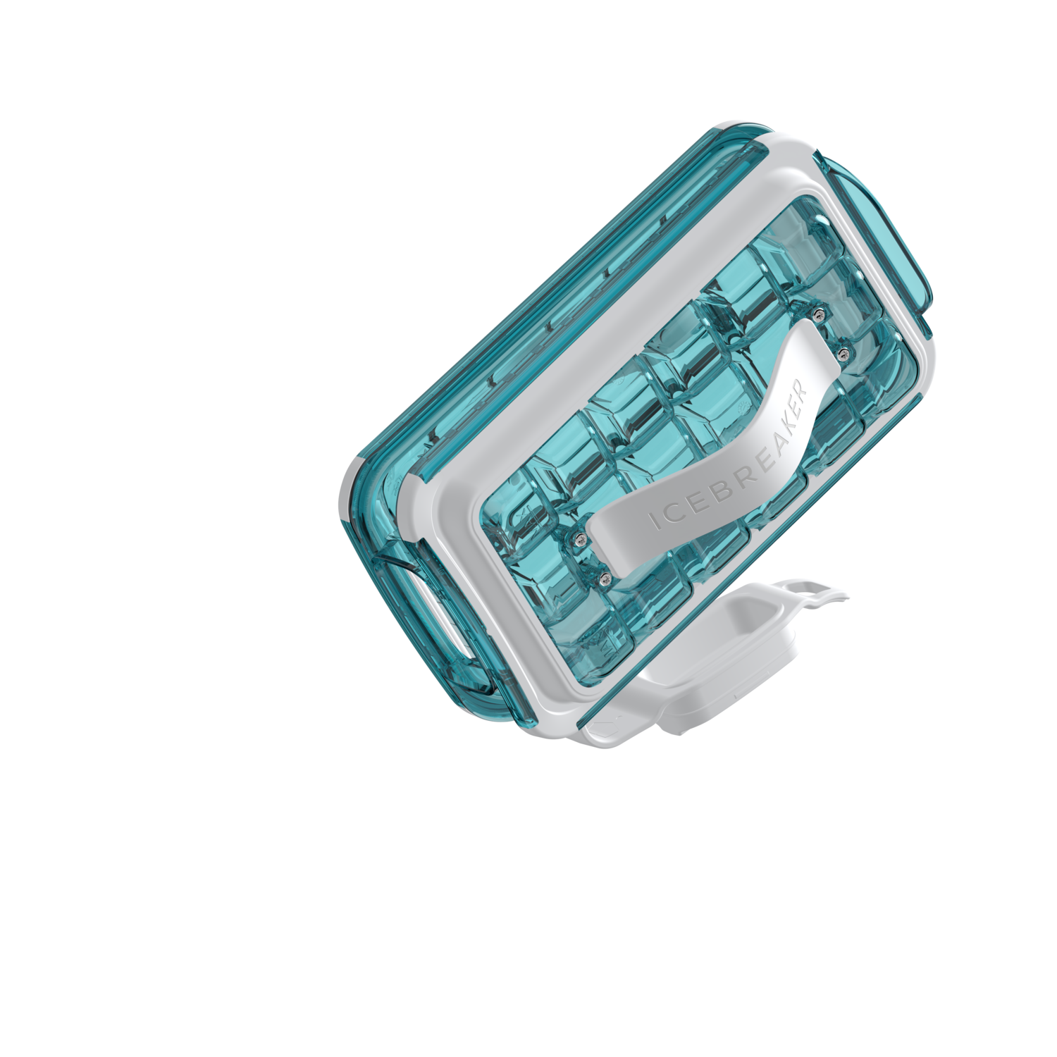 Blue and white ice cube tray with ice cubes inside.