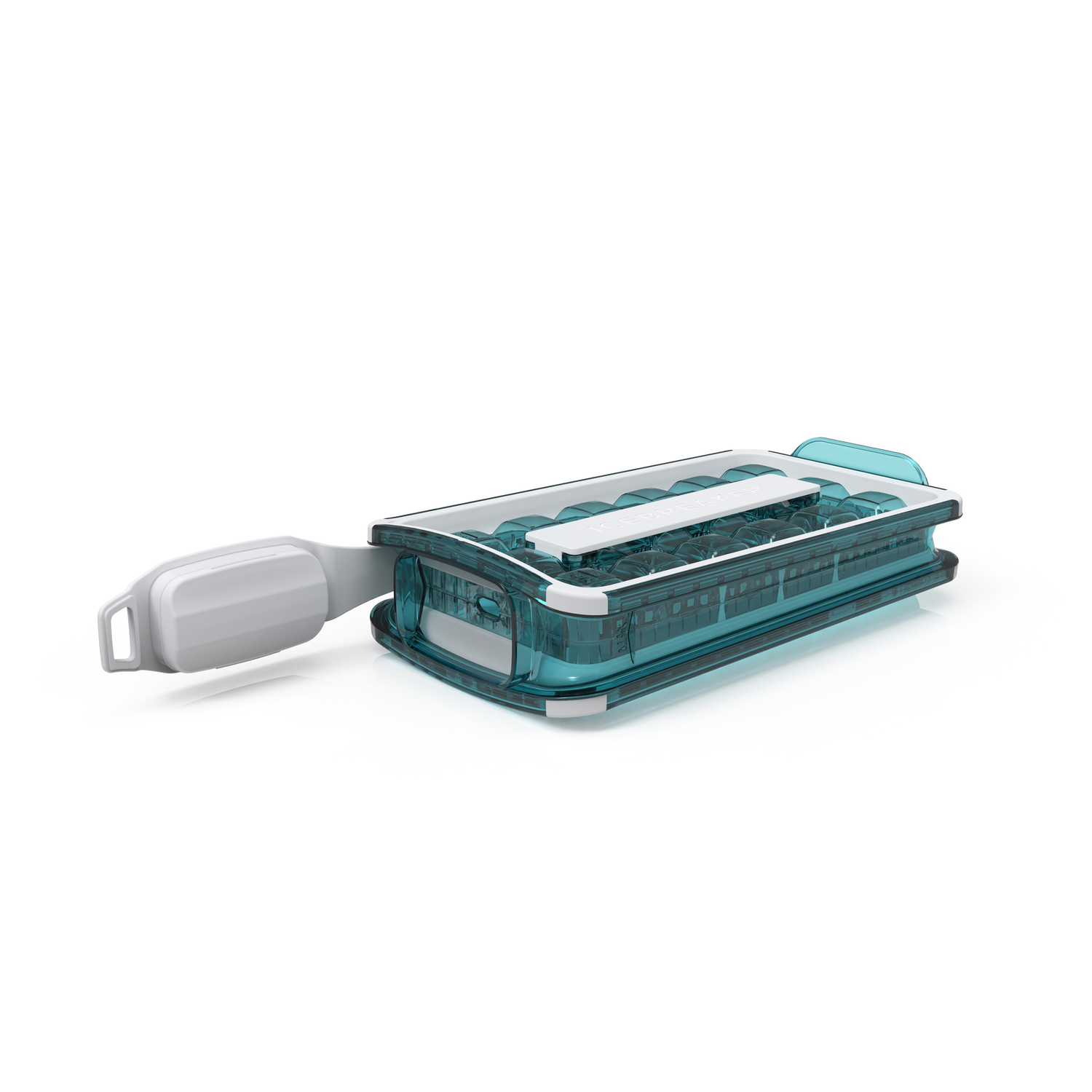 A clear blue ice cube tray with white ice cubes. It is on a white background.