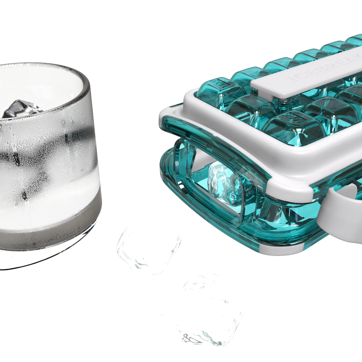 Ice cube tray with ice, glass of water with ice, and loose ice cubes.