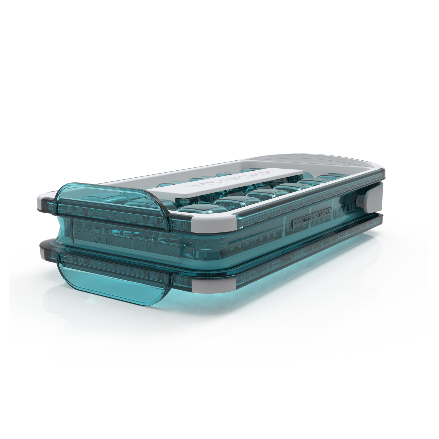 A transparent turquoise ice cube tray with a lid.