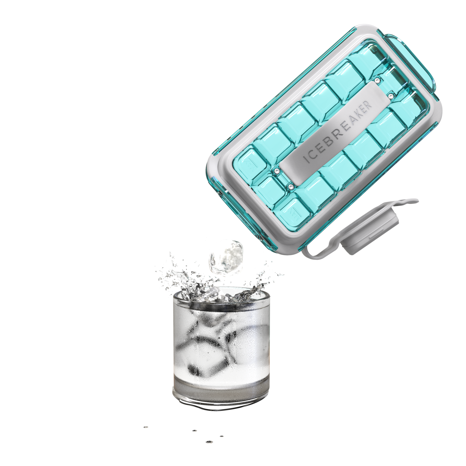 Icebreaker ice cube tray with ice cubes. One cube splashes into a glass of water on black background.