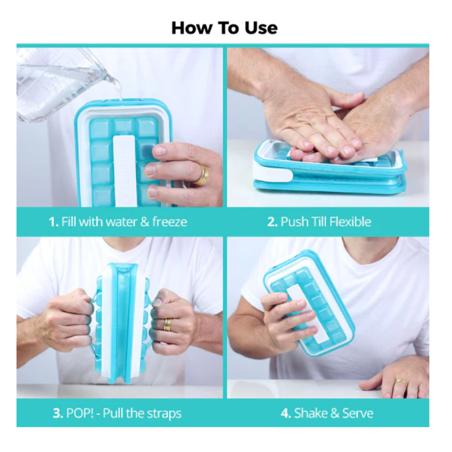 Four images showing how to use a blue ice cube tray.