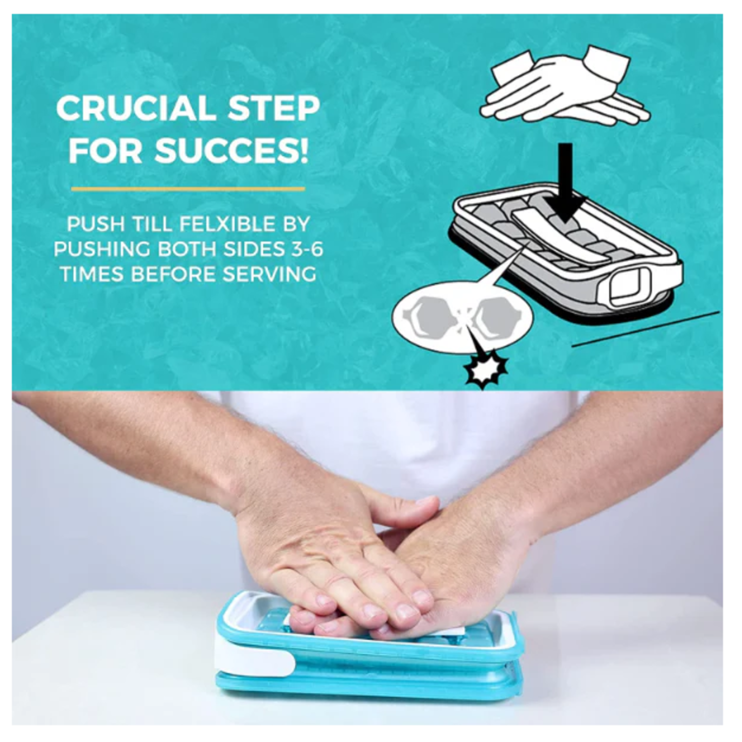Hands pressing a blue and white container. Text says, "CRUCIAL STEP FOR SUCCES!" and instructions.