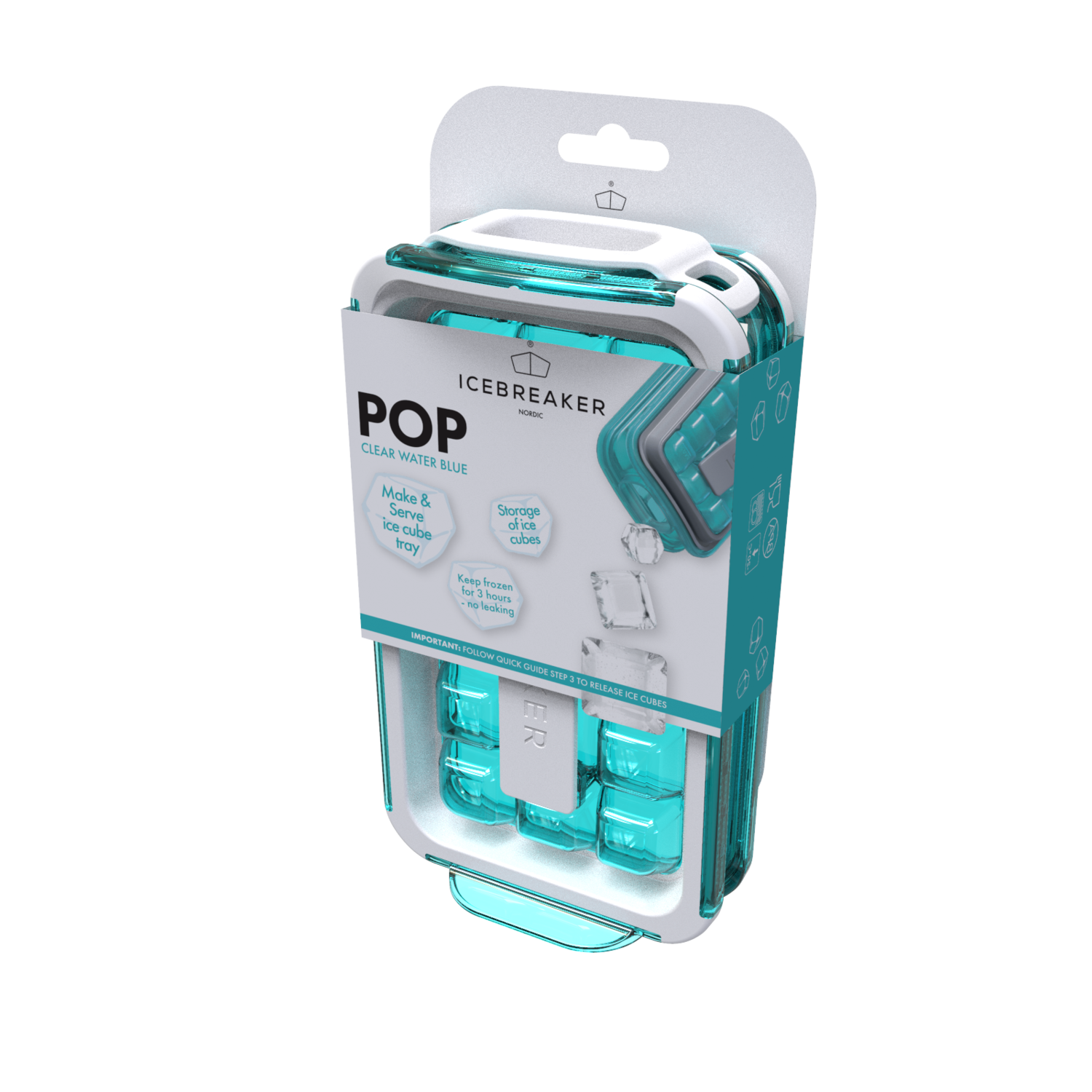 Ice cube tray with clear water blue cubes, and text for the product.