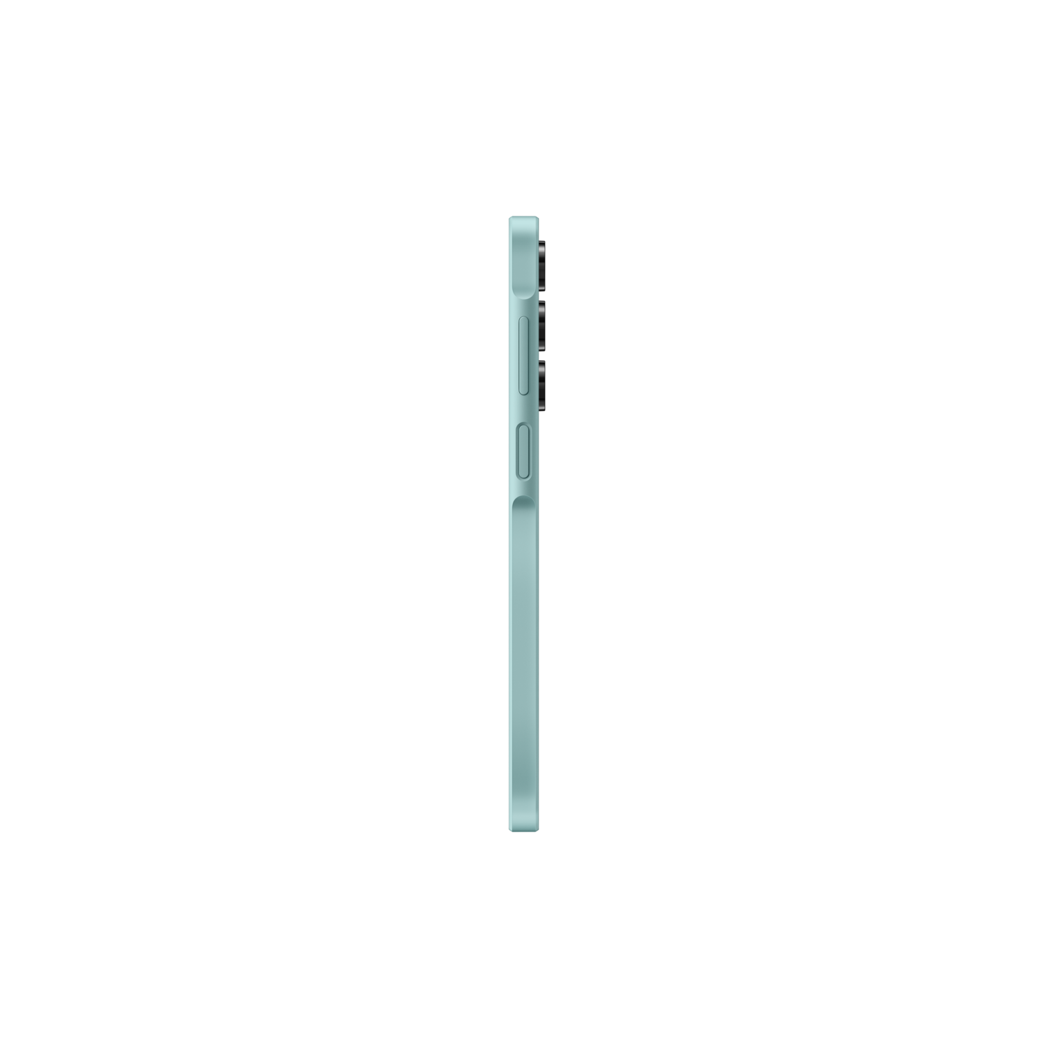 Side view of a blue phone. Black background. Buttons on the side.