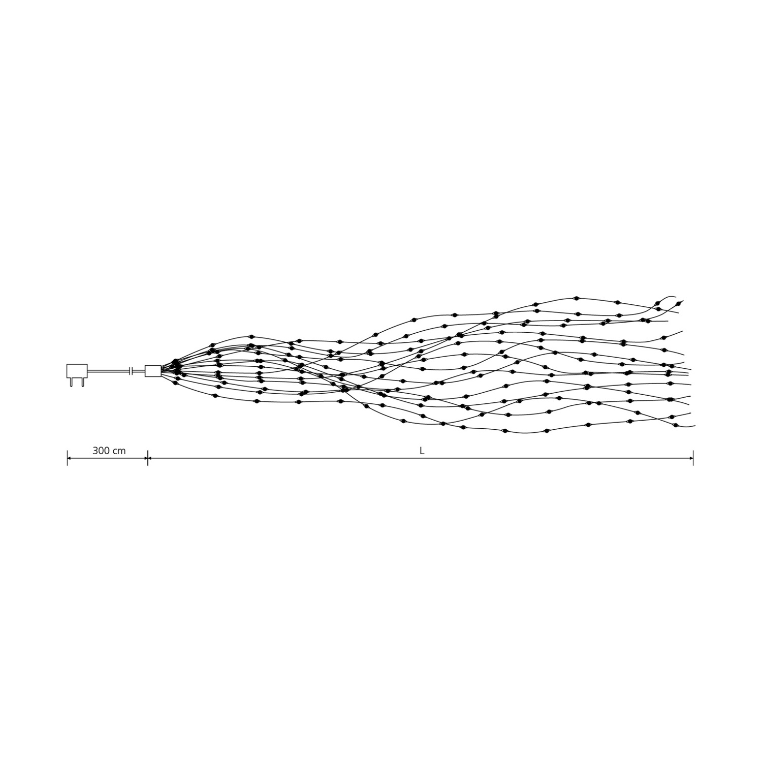 Disegno a linea di luci a stringa. Sfondo bianco. Luci su un cavo.